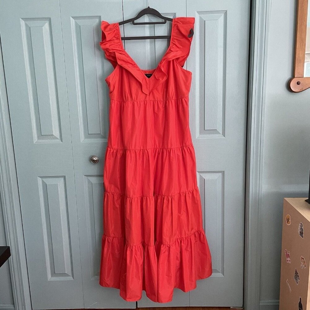 J. Crew Coral Red Ruffle Tiered Maxi Dress